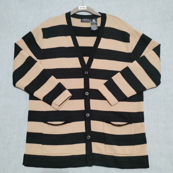Liz Claiborne Large 100% Wool Knit Cardigan Sweater Button Front Neutral Stripes - Picture 15 of 15